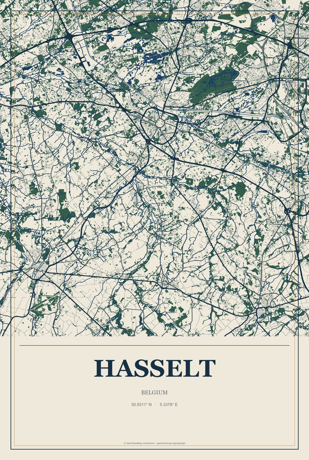 Hasselt, Belgium City Map Aluminum Sign in Coastal Cutout style