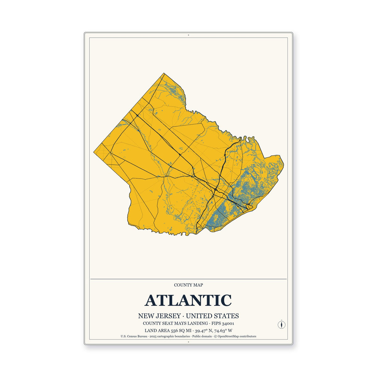 Atlantic County, New Jersey Map Aluminum Sign in Citrine Modern style