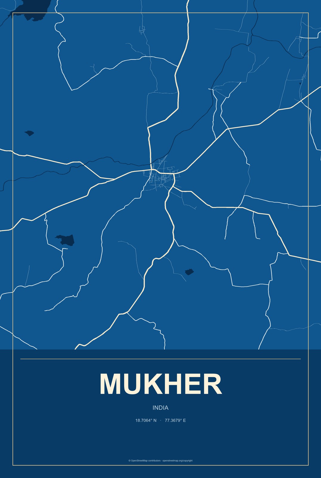 Mukher, India City Map Aluminum Sign in Harbor Cobalt style
