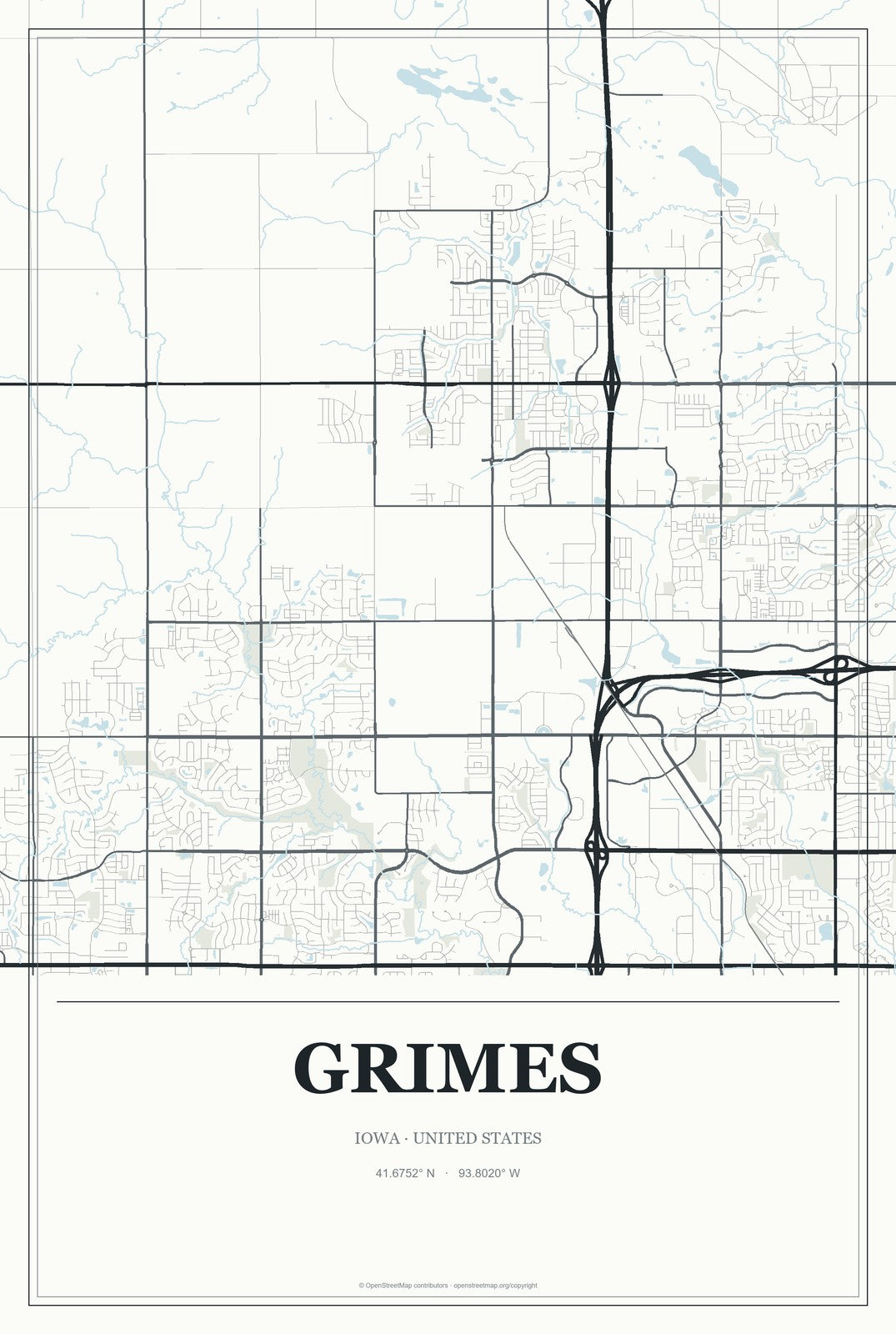 Grimes, Iowa City Map Aluminum Sign in Gallery Air style