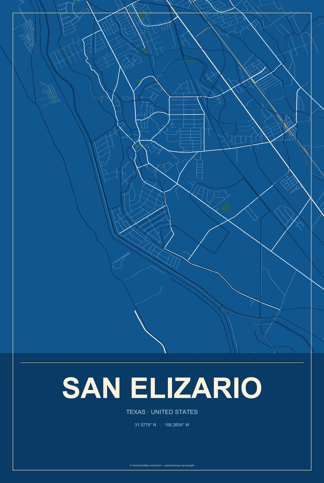 San Elizario, Texas City Map Aluminum Sign in Harbor Cobalt style