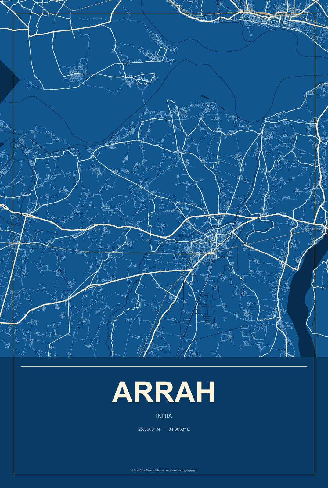 Arrah, India City Map Aluminum Sign in Harbor Cobalt style