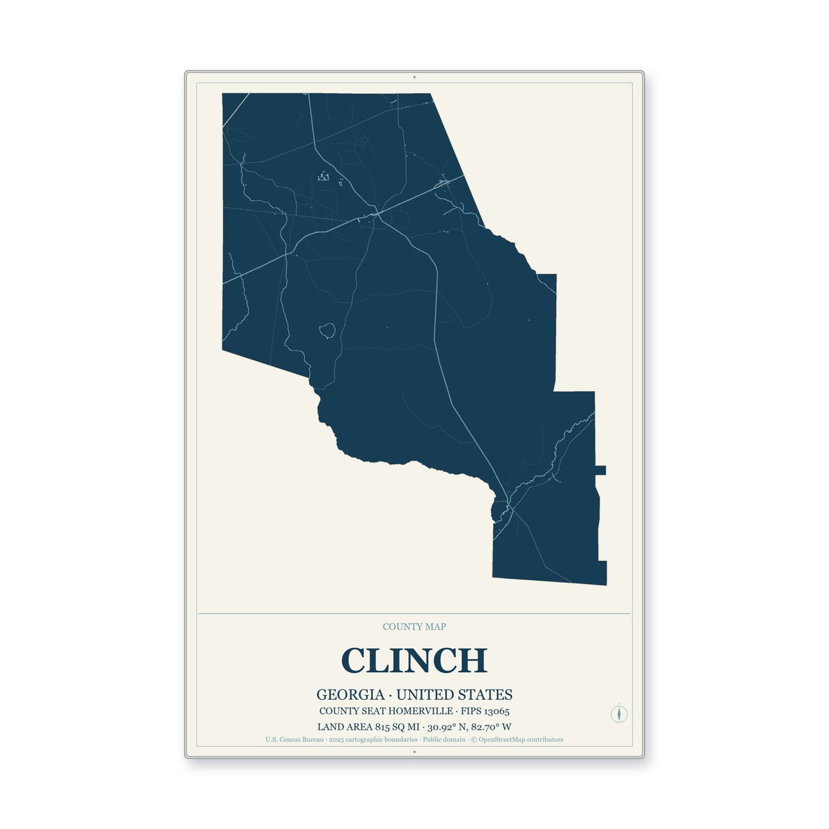 Clinch County, Georgia Map Aluminum Sign in Coastal Cutout style
