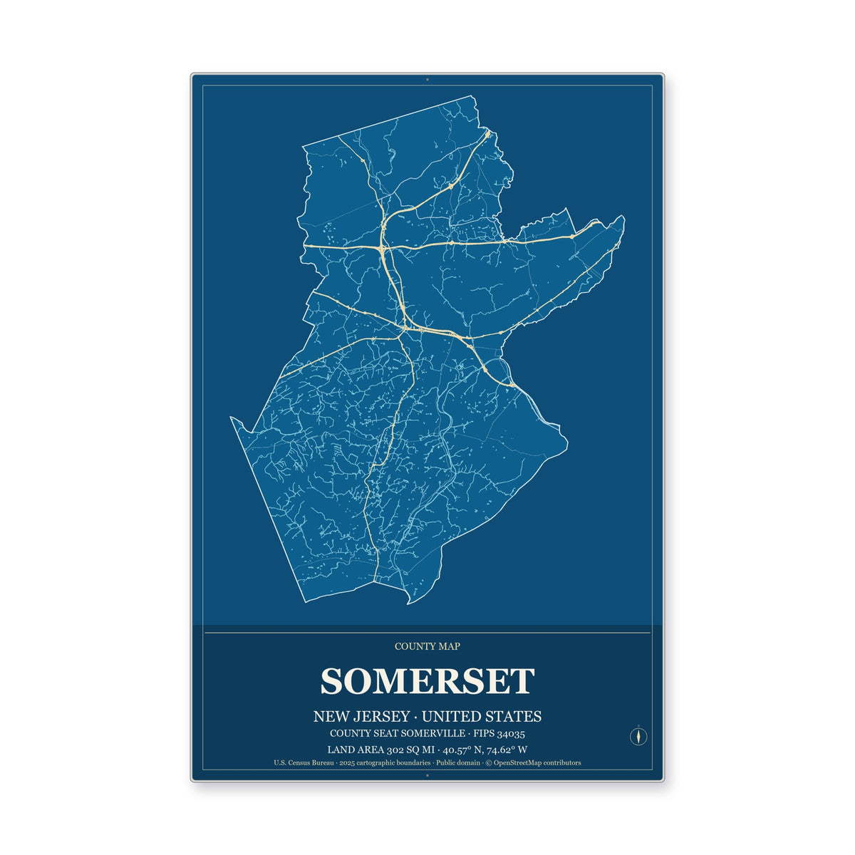 Somerset County, New Jersey Map Aluminum Sign in Harbor Cobalt style