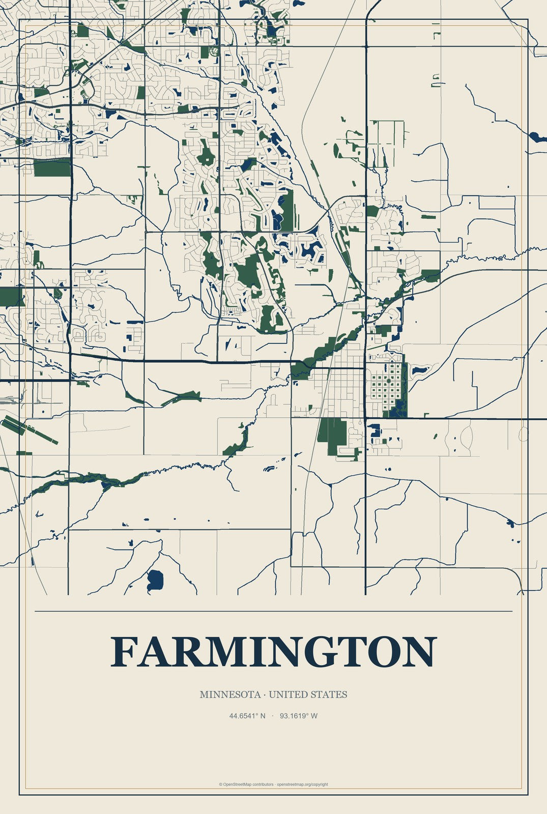 Farmington, Minnesota City Map Aluminum Sign in Coastal Cutout style