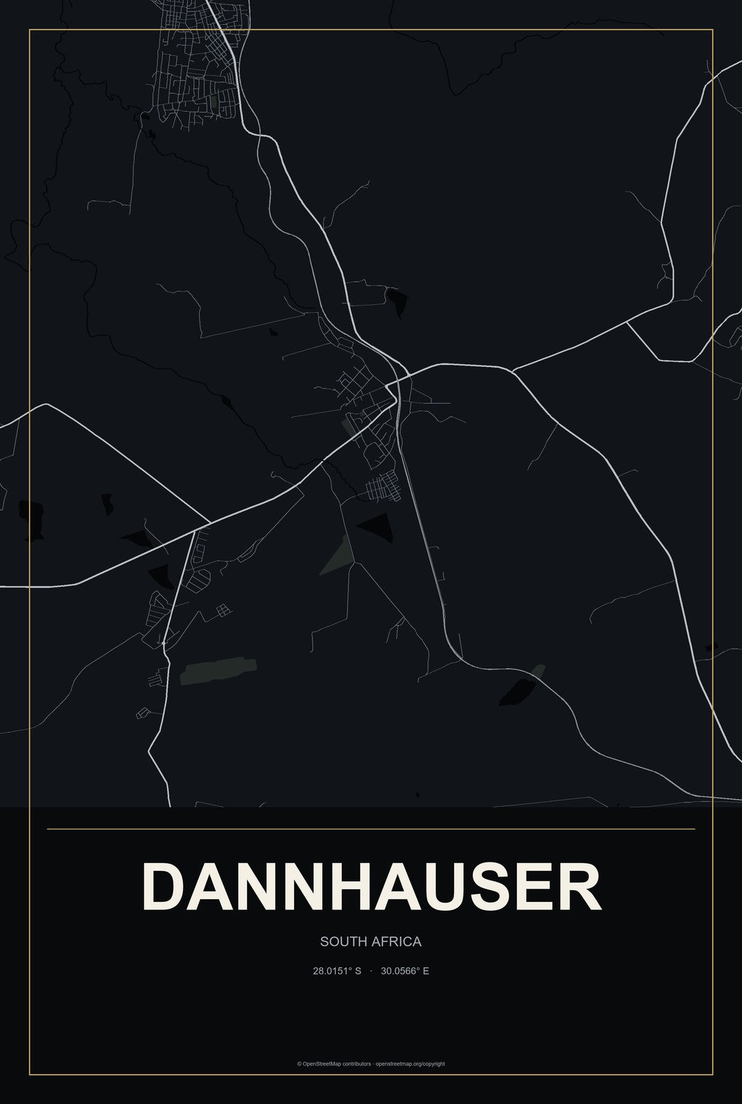 Dannhauser, South Africa City Map Aluminum Sign in Metropolitan Noir style