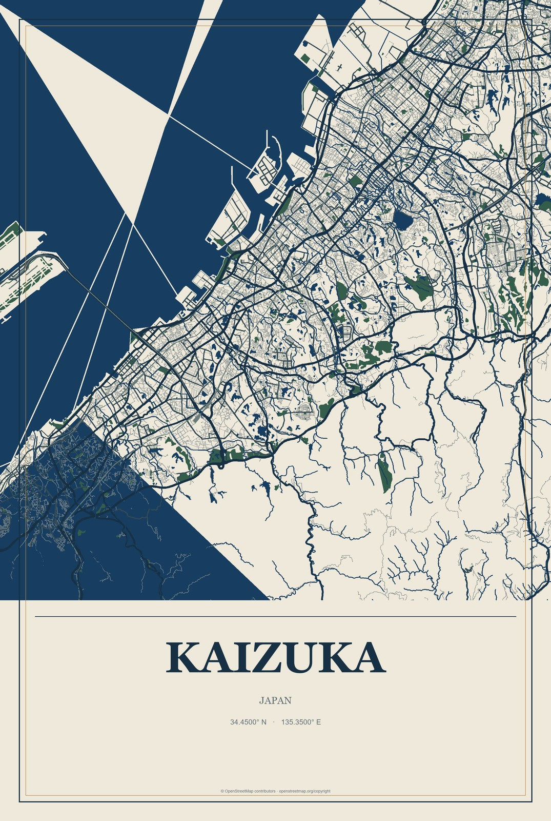 Kaizuka, Japan City Map Aluminum Sign in Coastal Cutout style