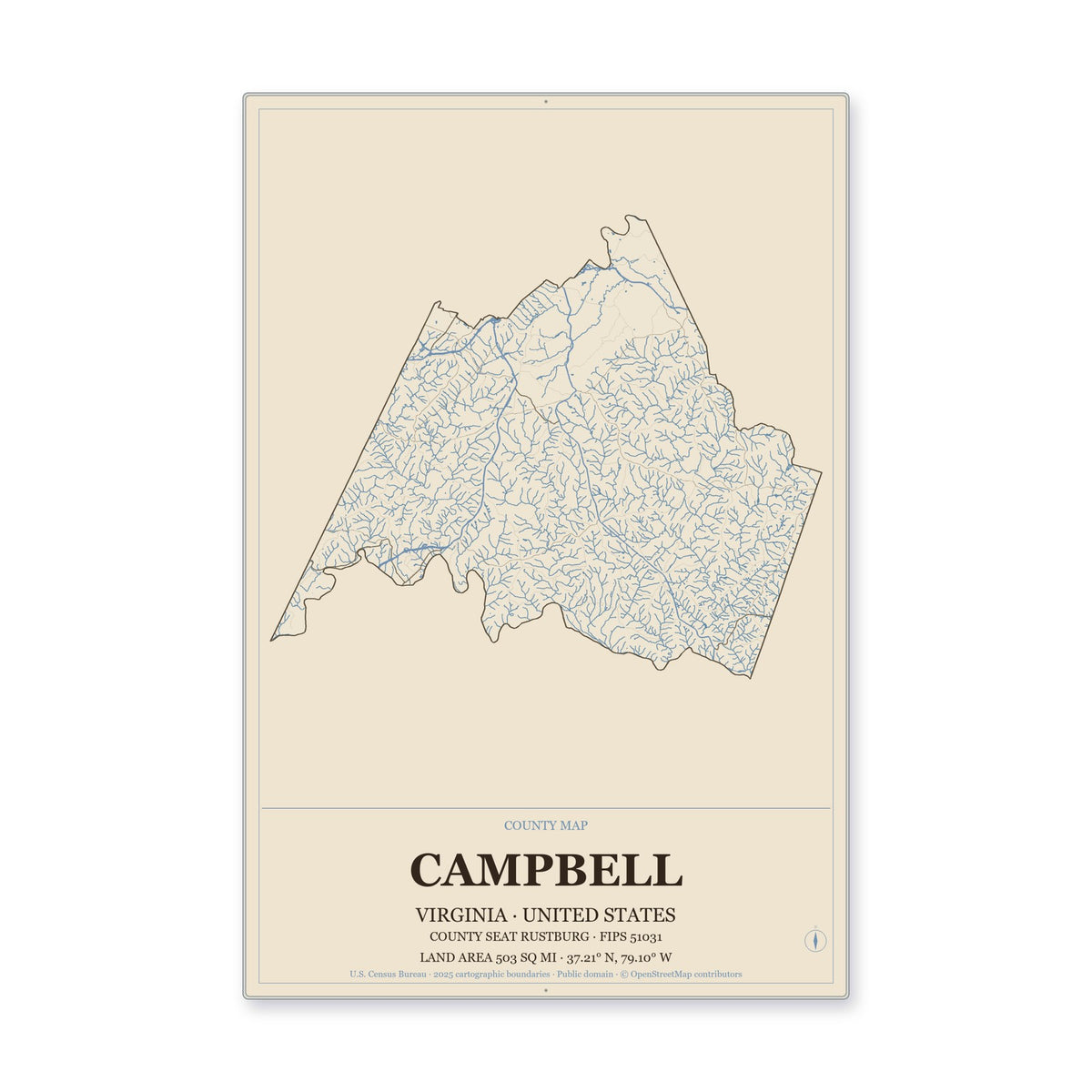 Campbell County, Virginia Map Aluminum Sign in Heritage Nautical style