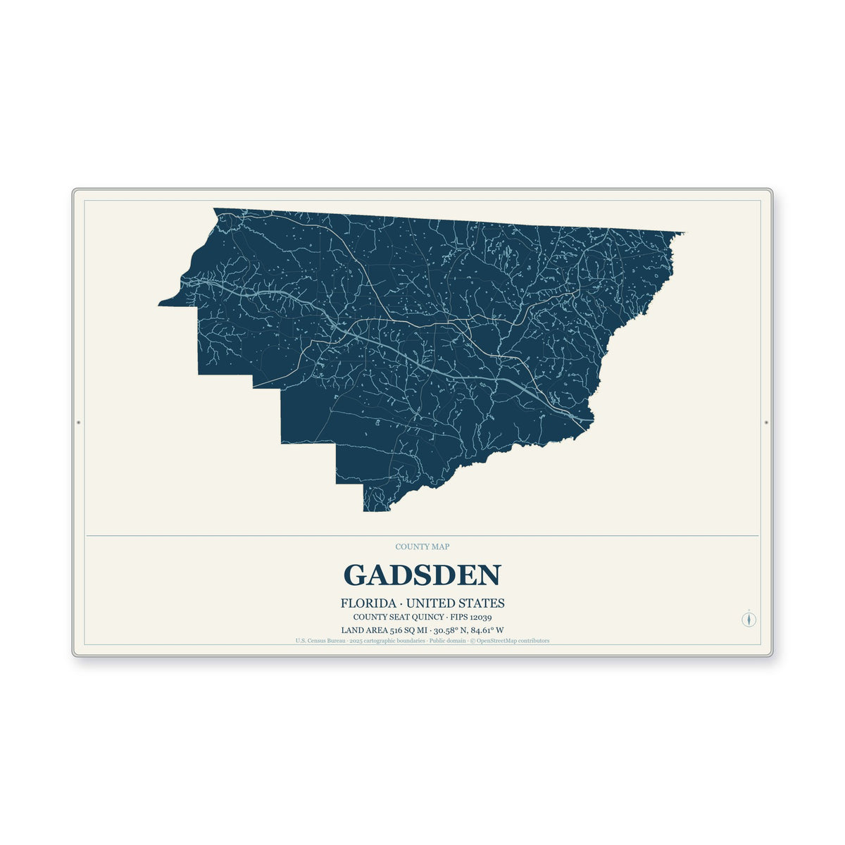 Gadsden County, Florida Map Aluminum Sign in Coastal Cutout style