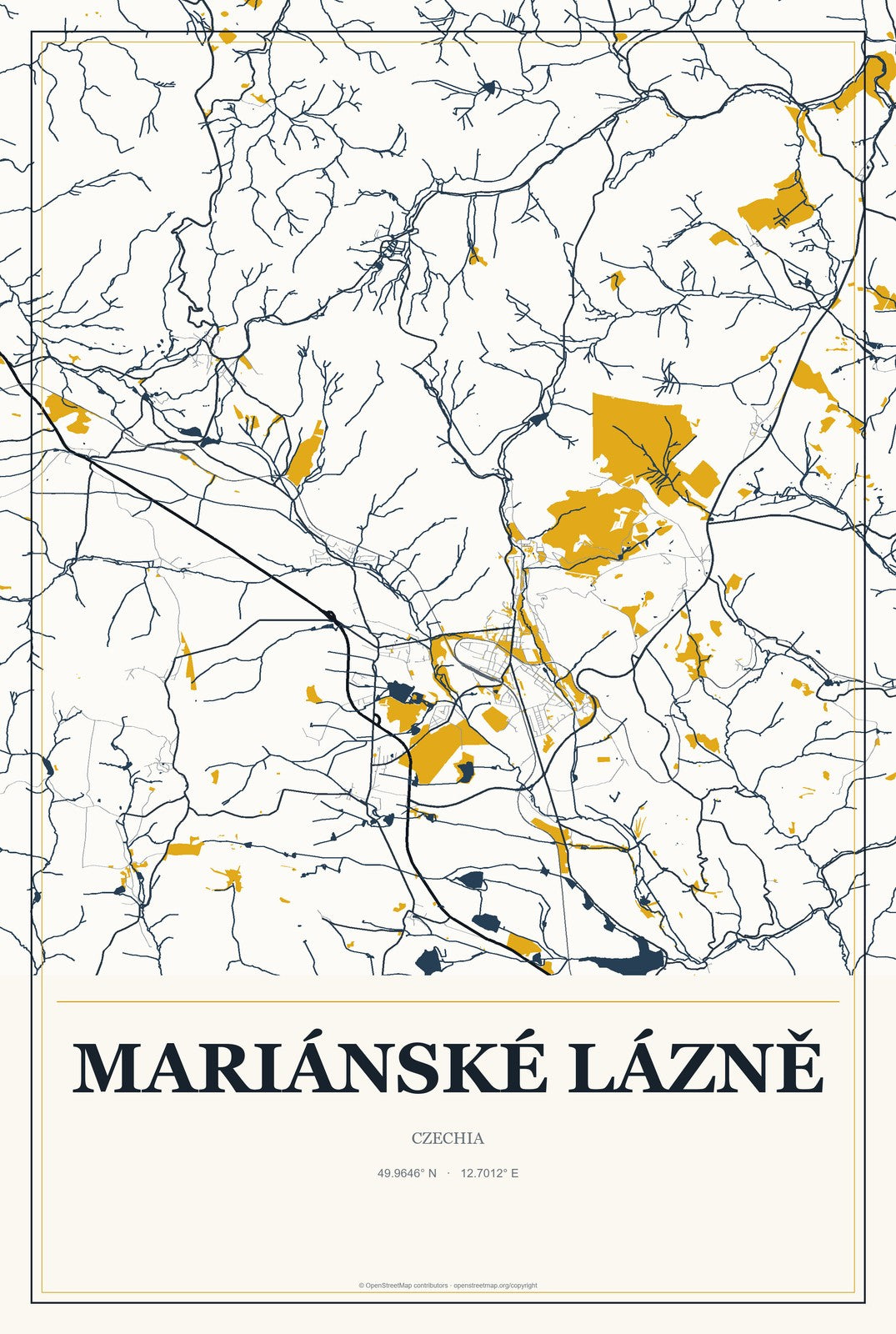 Mariánské Lázně, Czechia City Map Aluminum Sign in Citrine Modern style