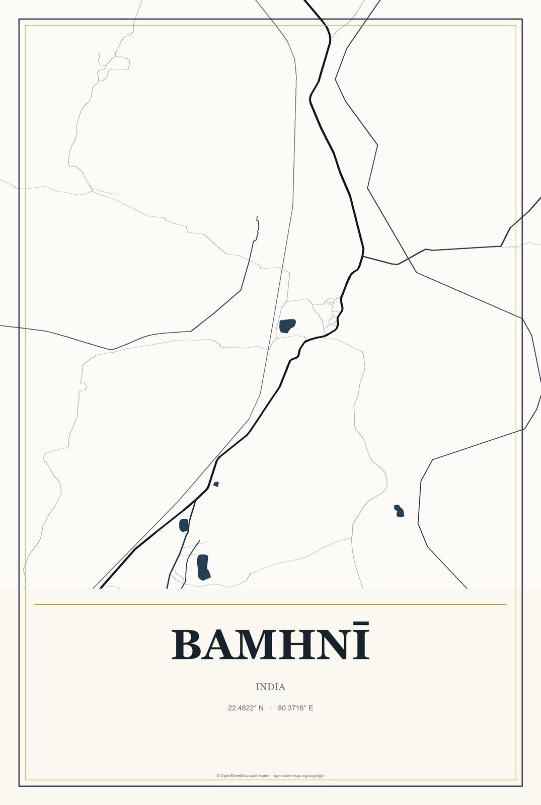 Bamhnī, India City Map Aluminum Sign in Citrine Modern style