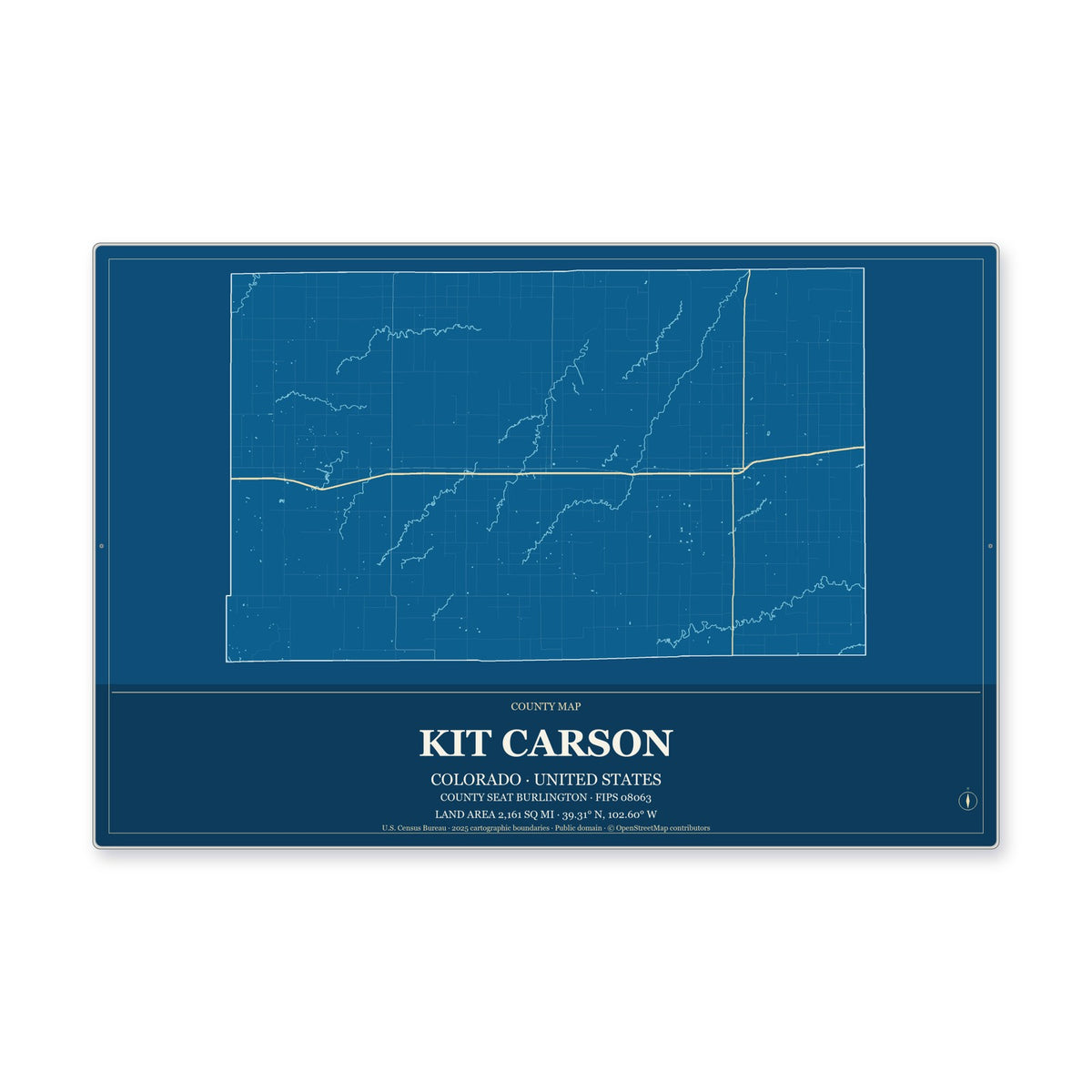 Kit Carson County, Colorado Map Aluminum Sign in Harbor Cobalt style