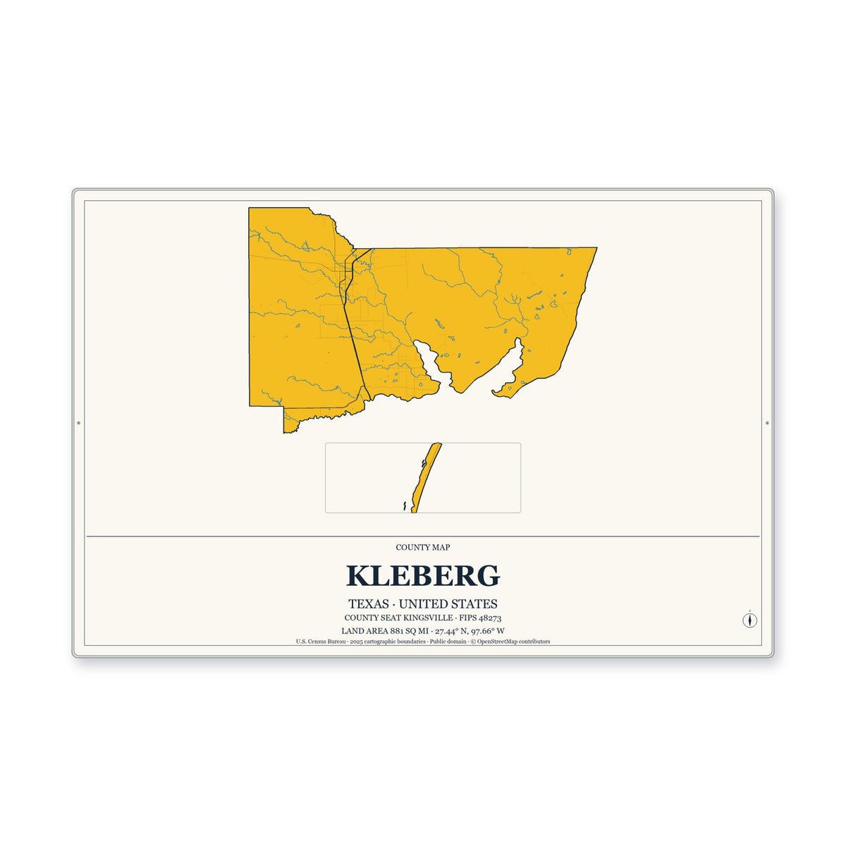 Kleberg County, Texas Map Aluminum Sign in Citrine Modern style