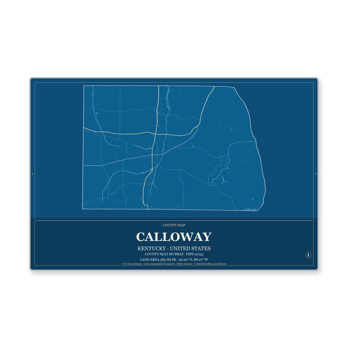 Calloway County, Kentucky Map Aluminum Sign in Harbor Cobalt style