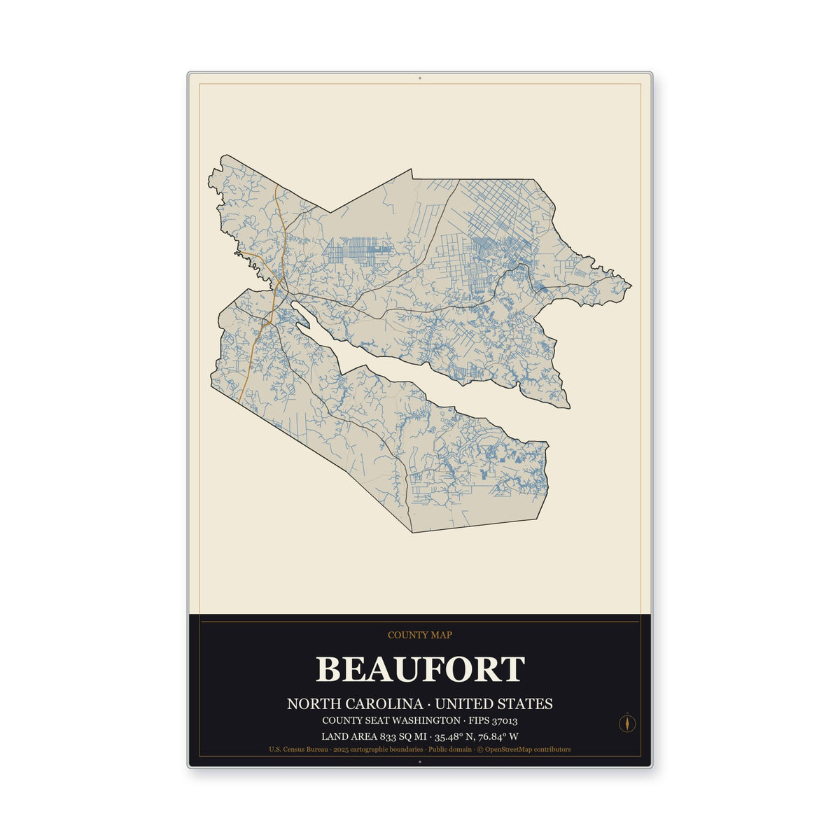 Beaufort County, North Carolina Map Aluminum Sign in Museum Plaque style