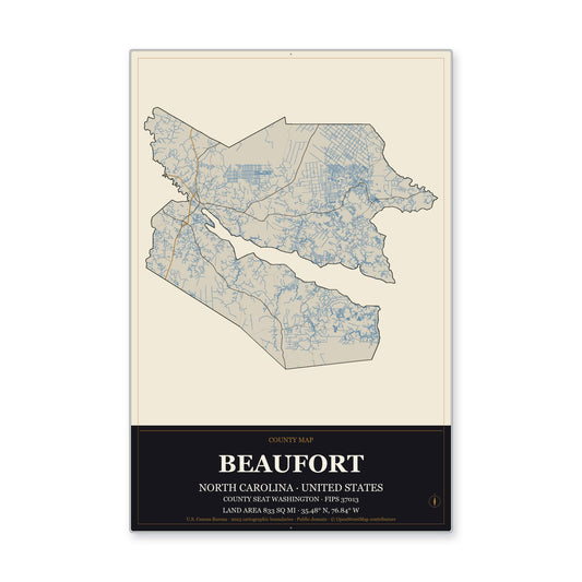 Beaufort County, North Carolina Map Aluminum Sign in Museum Plaque style