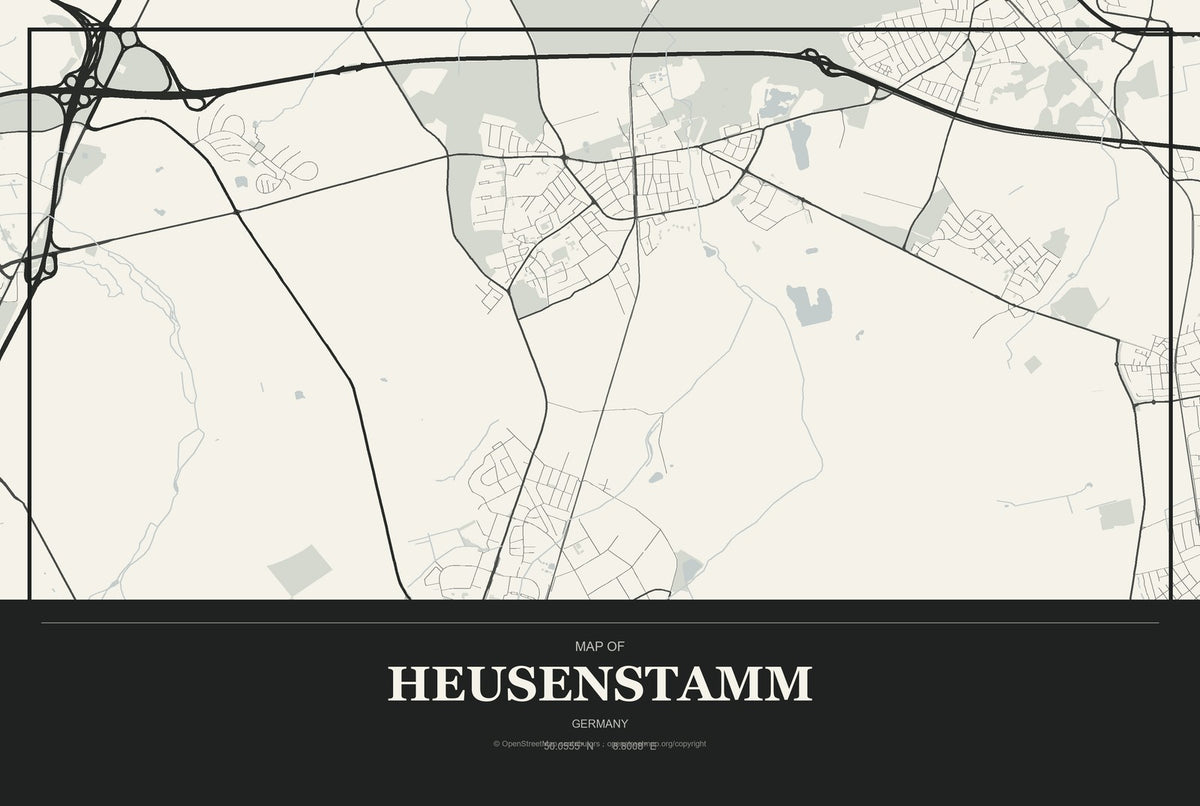 Heusenstamm, Germany City Map Aluminum Sign in Museum Plaque style