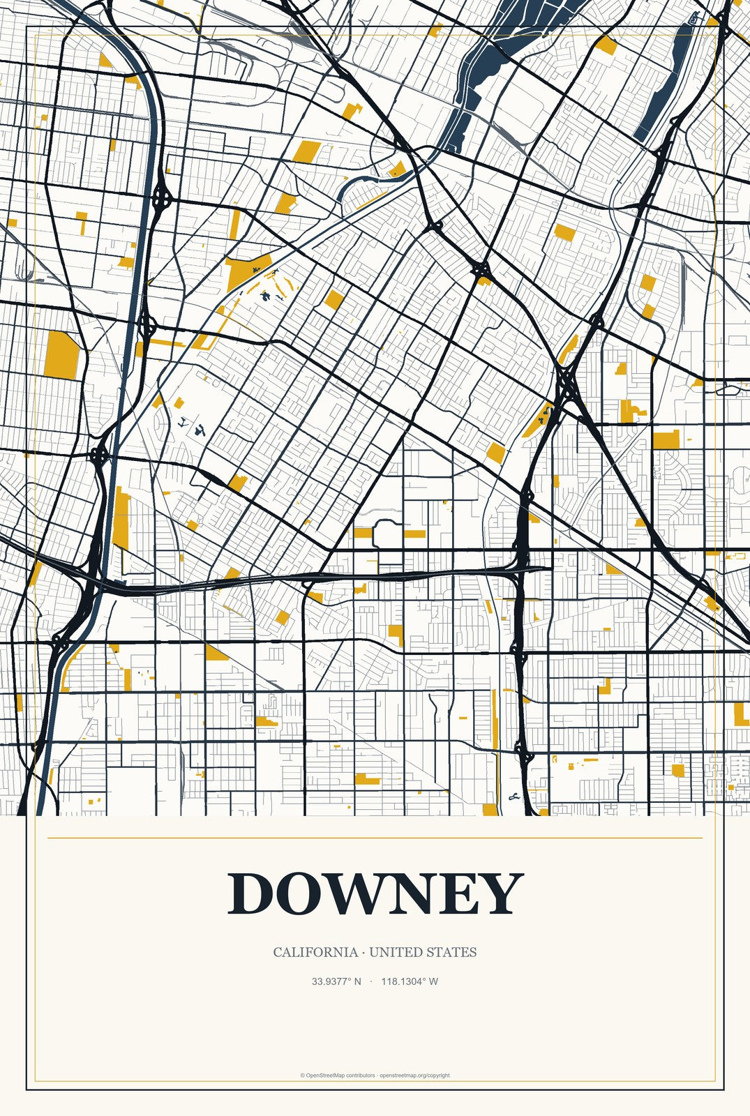 Downey, California City Map Aluminum Sign in Citrine Modern style