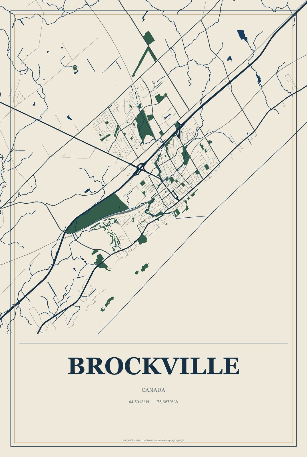 Brockville, Canada City Map Aluminum Sign in Coastal Cutout style