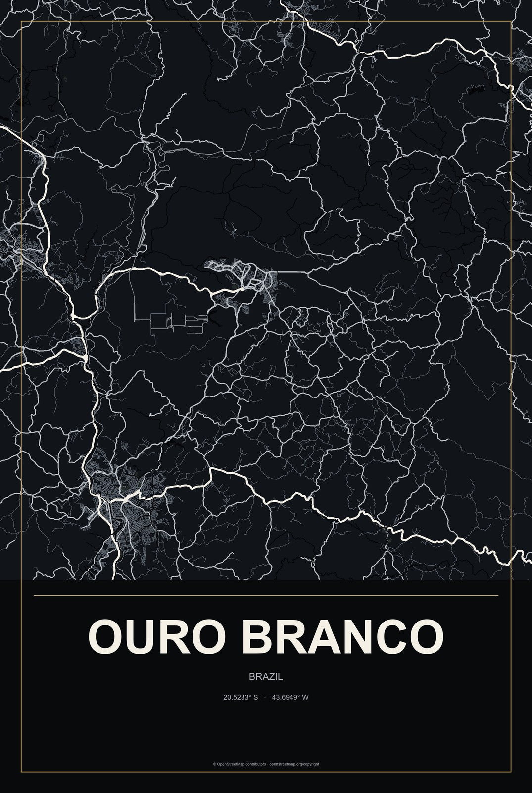Ouro Branco, Minas Gerais, Brazil City Map Aluminum Sign in Metropolitan Noir style