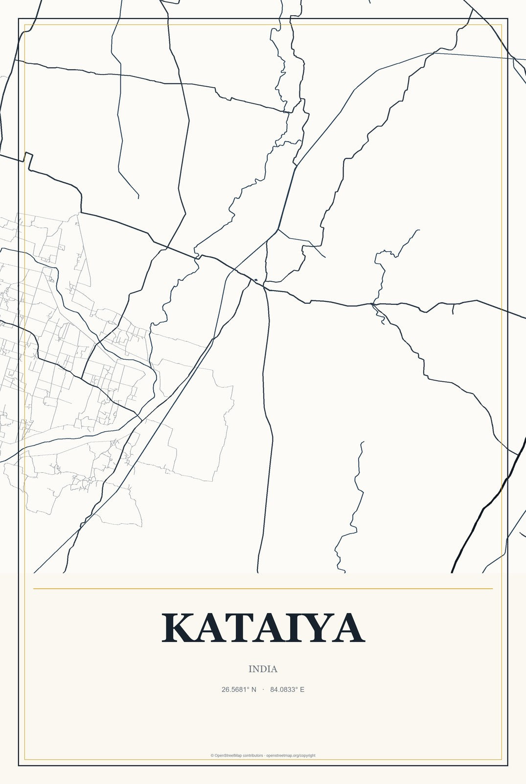 Kataiya, India City Map Aluminum Sign in Citrine Modern style