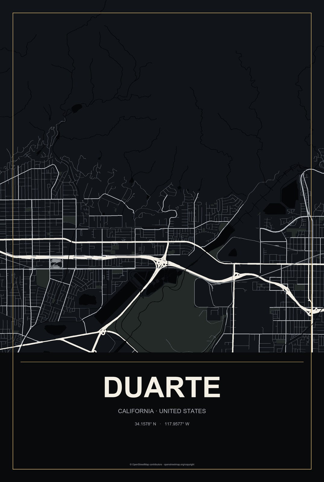 Duarte, California City Map Aluminum Sign in Metropolitan Noir style
