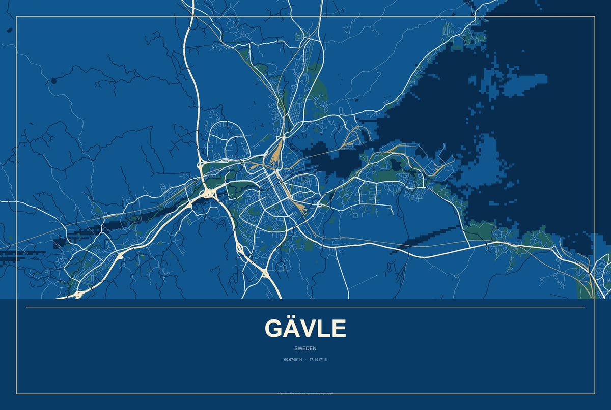 Gävle, Sweden City Map Aluminum Sign in Harbor Cobalt style