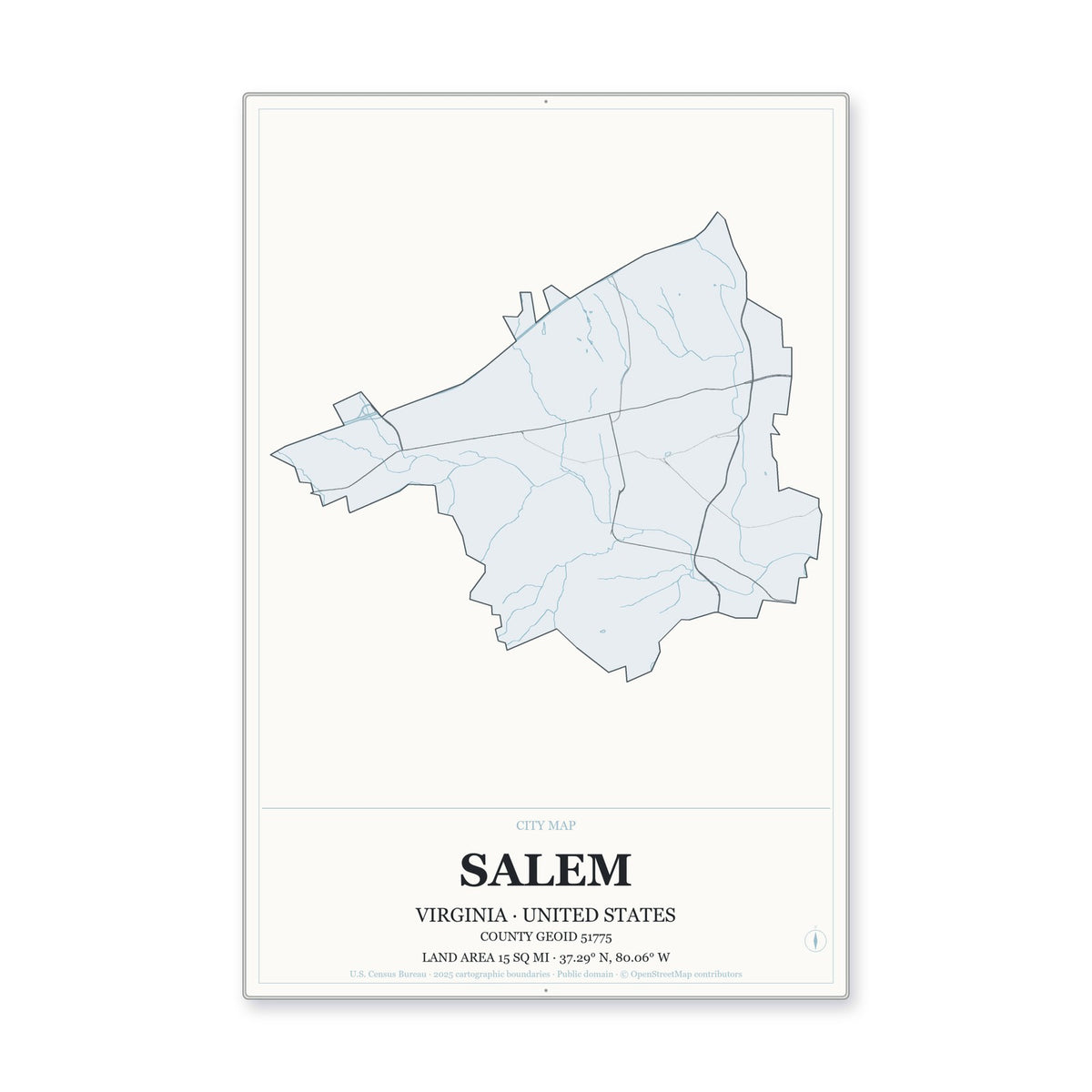 Salem city, Virginia Map Aluminum Sign in Gallery Air style