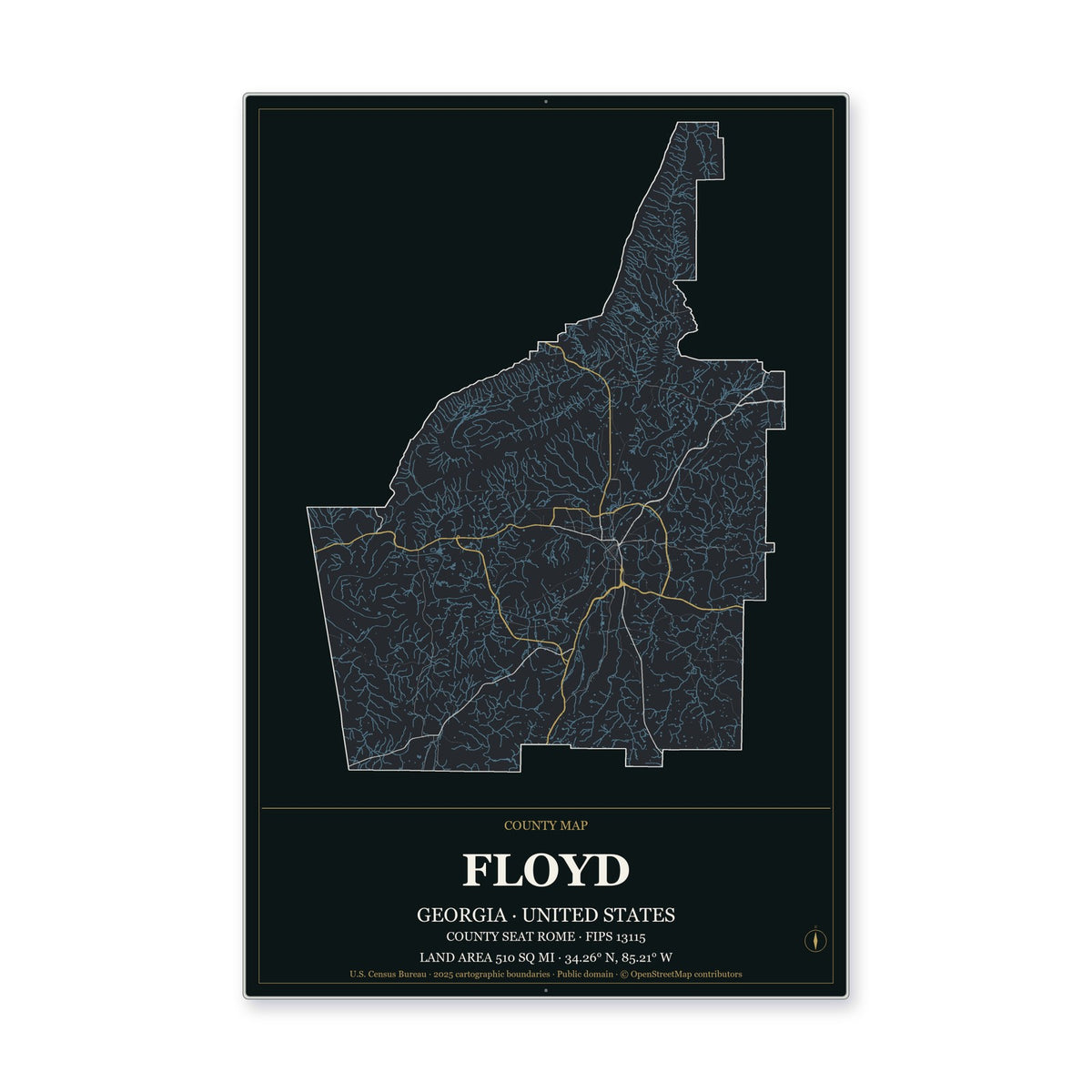 Floyd County, Georgia Map Aluminum Sign in Metropolitan Noir style