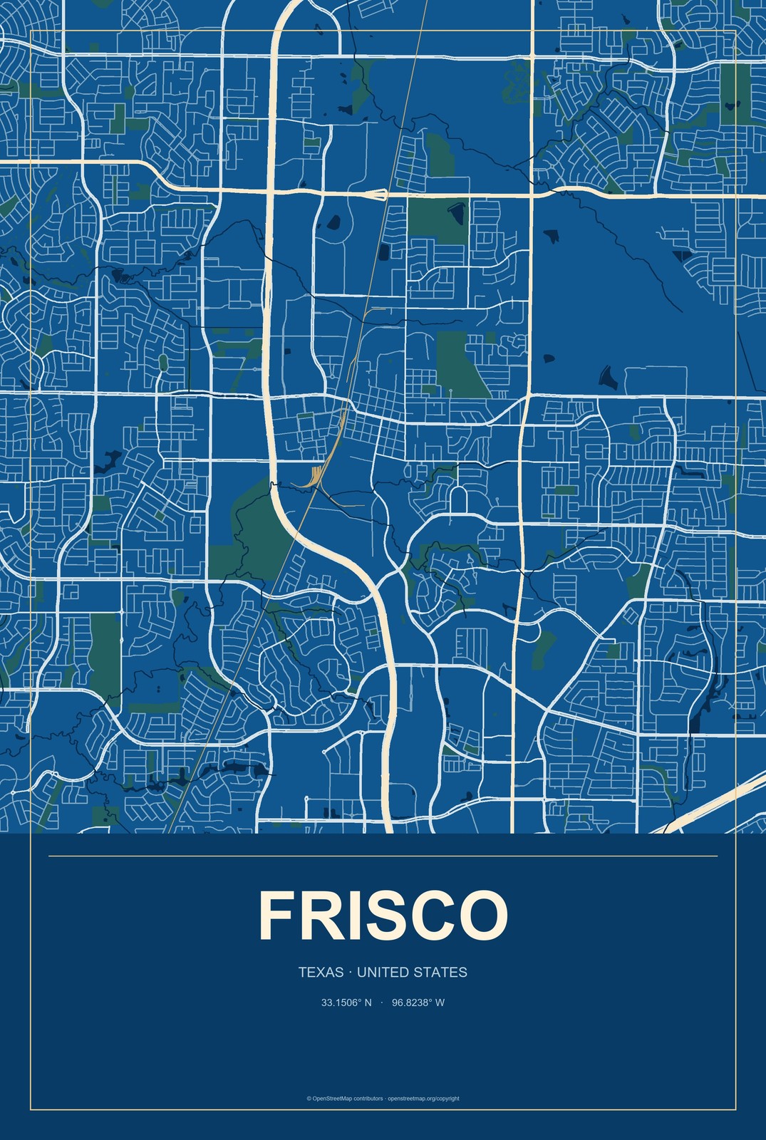 Frisco, Texas City Map Aluminum Sign in Harbor Cobalt style