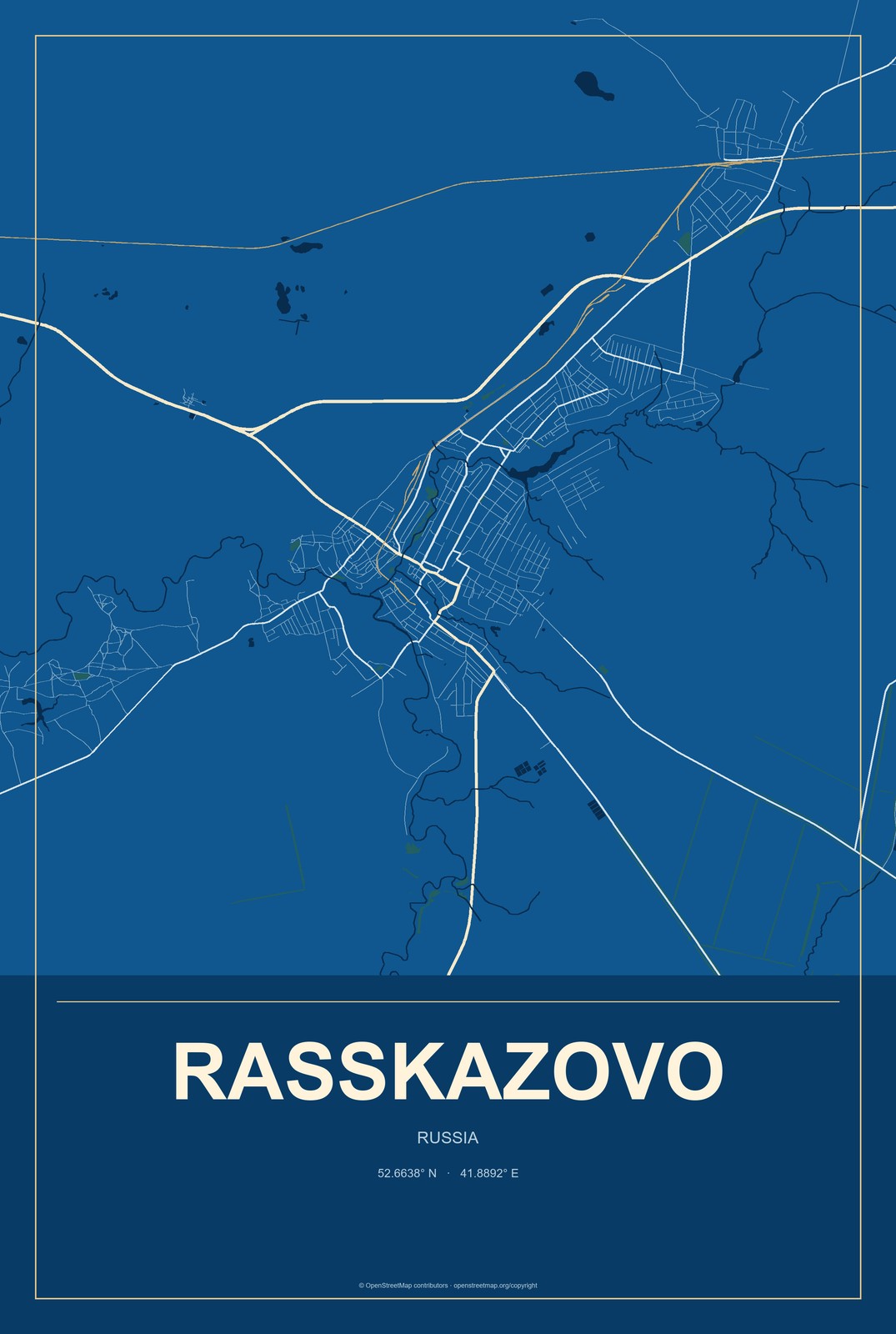Rasskazovo, Russia City Map Aluminum Sign in Harbor Cobalt style