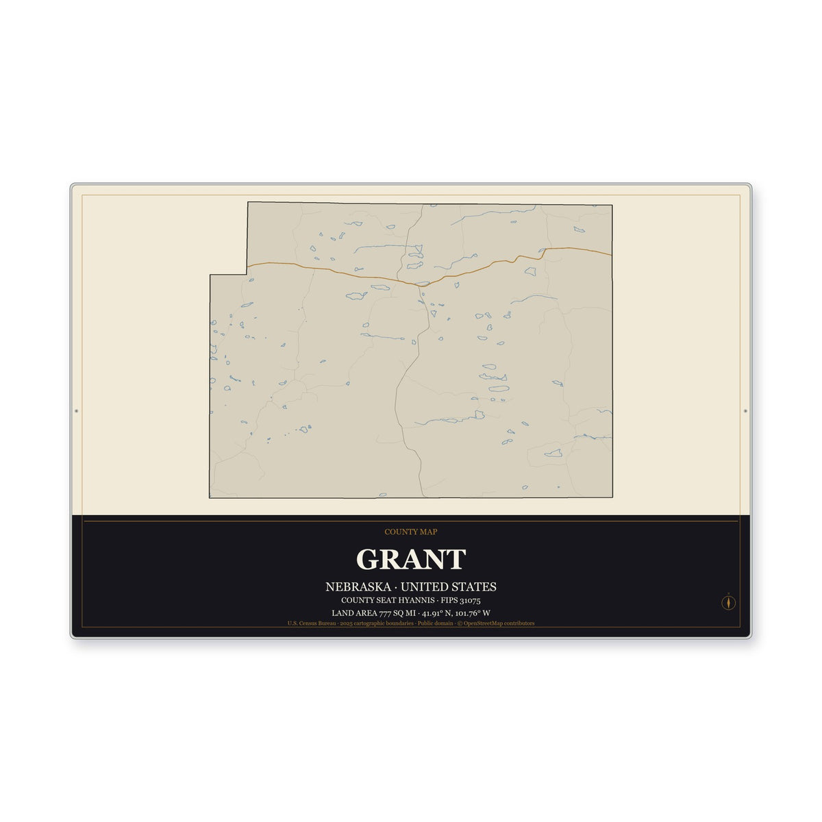Grant County, Nebraska Map Aluminum Sign in Museum Plaque style