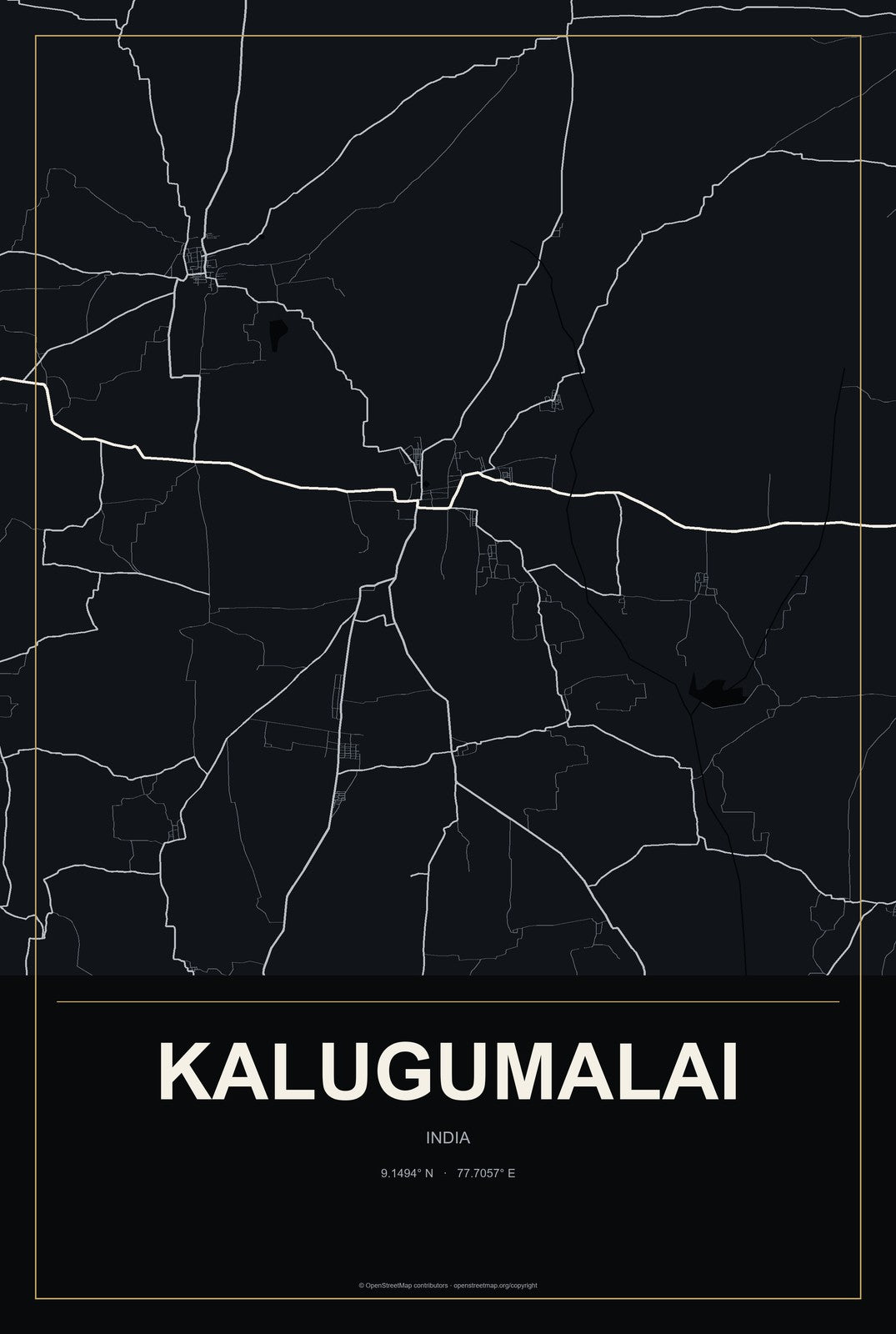 Kalugumalai, India City Map Aluminum Sign in Metropolitan Noir style