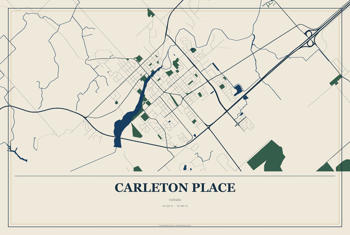 Carleton Place, Canada City Map Aluminum Sign in Coastal Cutout style
