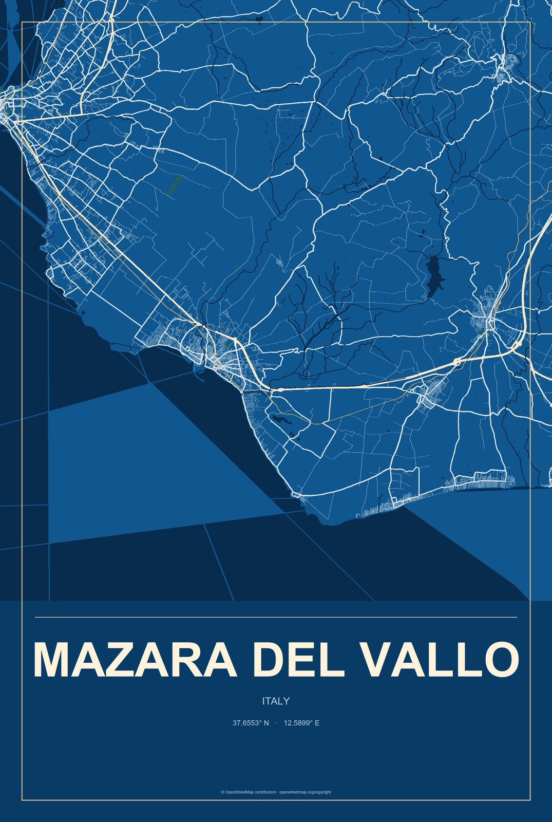 Mazara del Vallo, Italy City Map Aluminum Sign in Harbor Cobalt style