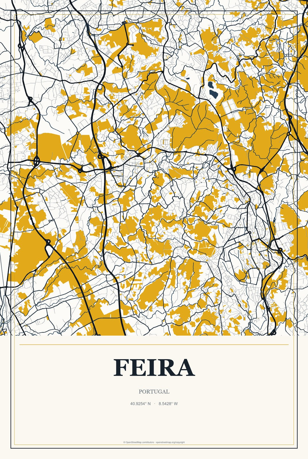 Feira, Portugal City Map Aluminum Sign in Citrine Modern style