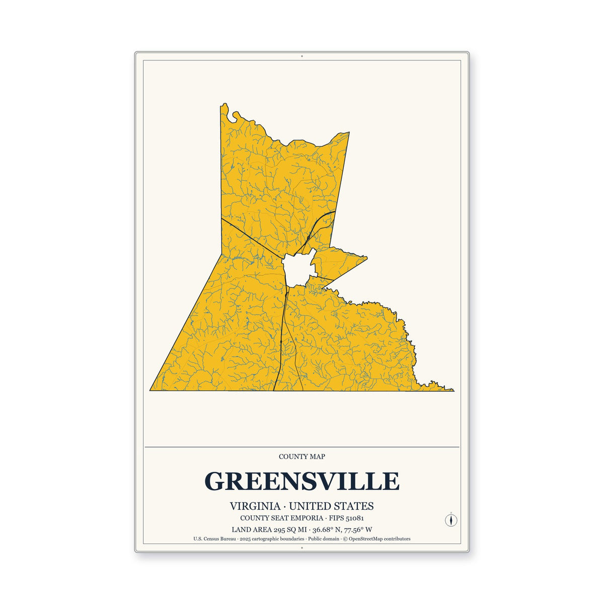 Greensville County, Virginia Map Aluminum Sign in Citrine Modern style