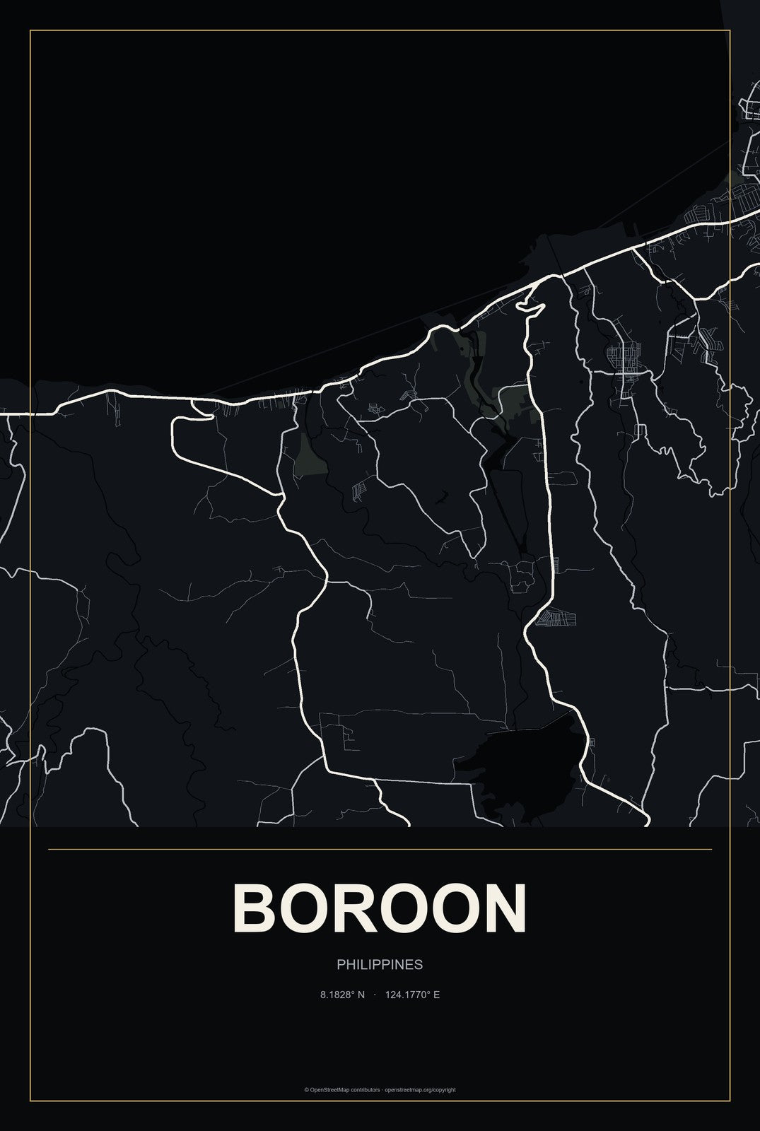 Boroon, Philippines City Map Aluminum Sign in Metropolitan Noir style
