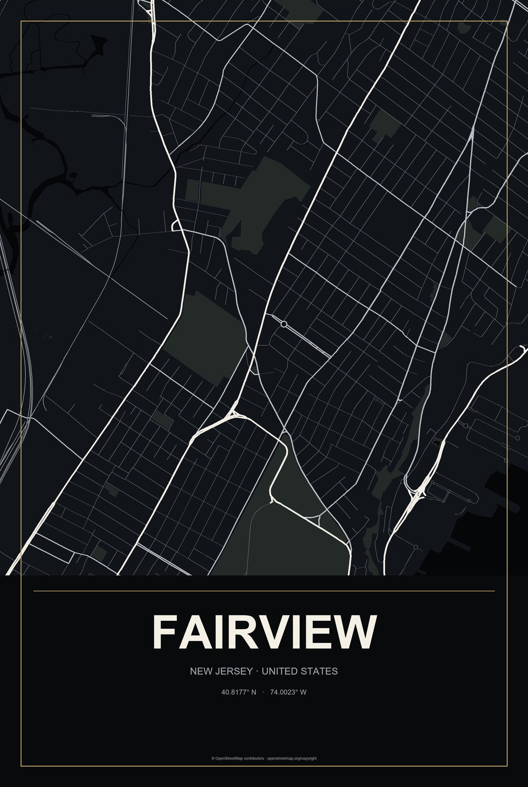 Fairview, New Jersey City Map Aluminum Sign in Metropolitan Noir style