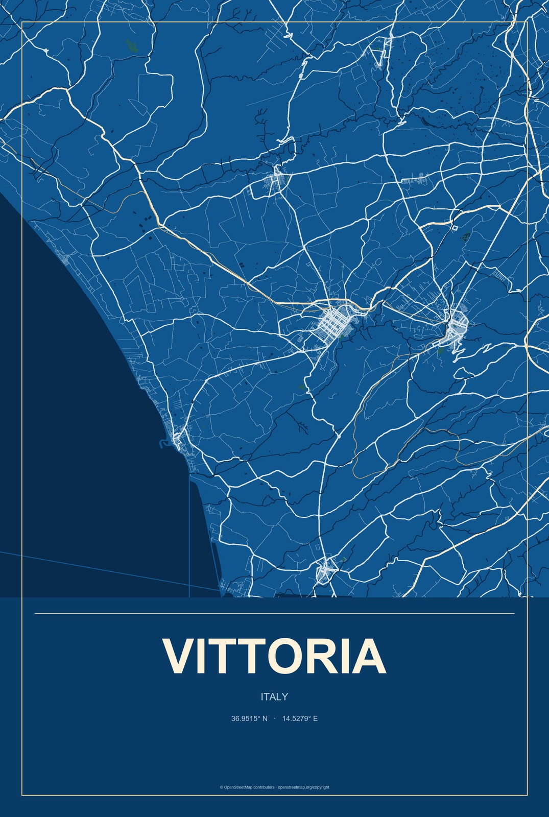 Vittoria, Italy City Map Aluminum Sign in Harbor Cobalt style