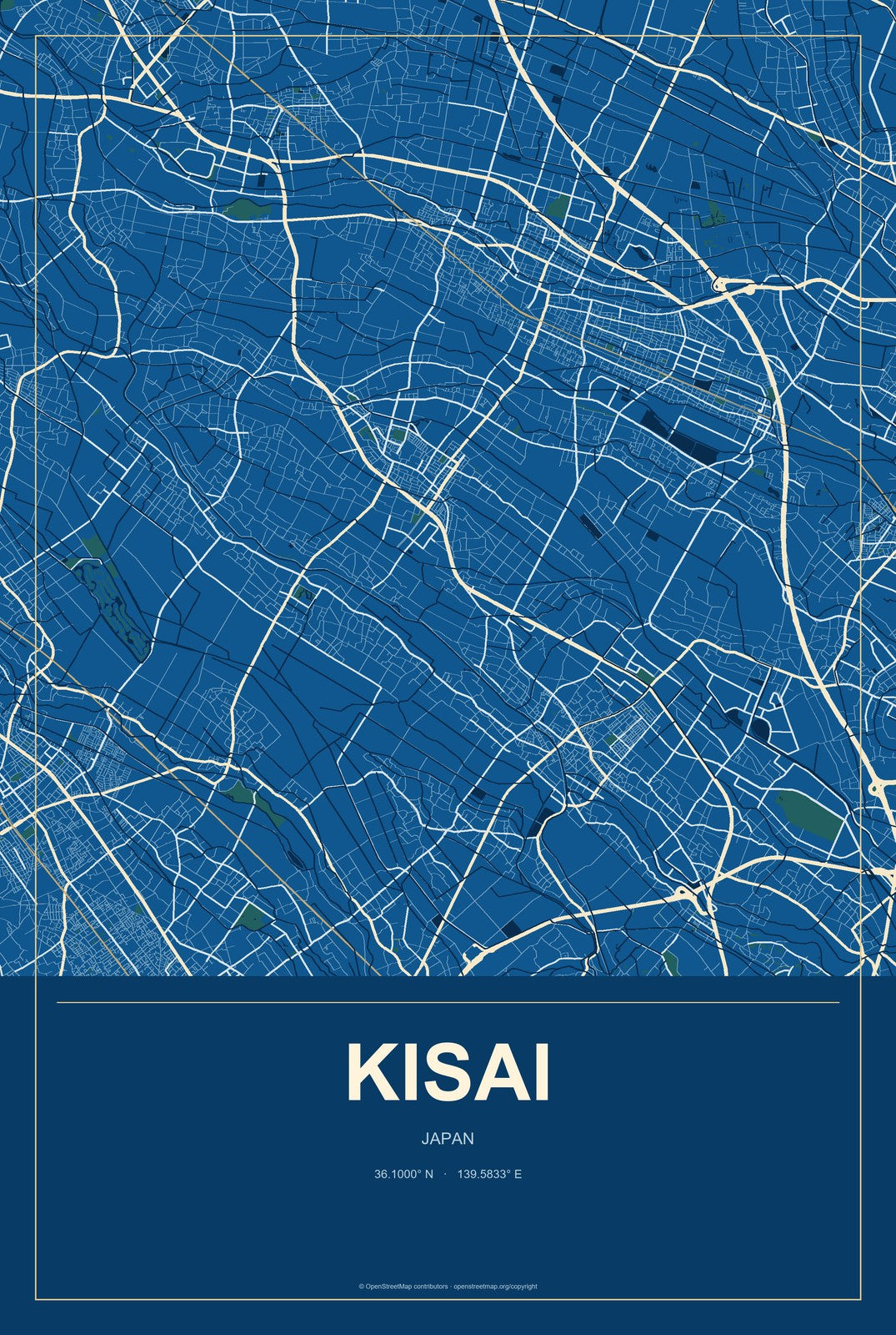 Kisai, Japan City Map Aluminum Sign in Harbor Cobalt style