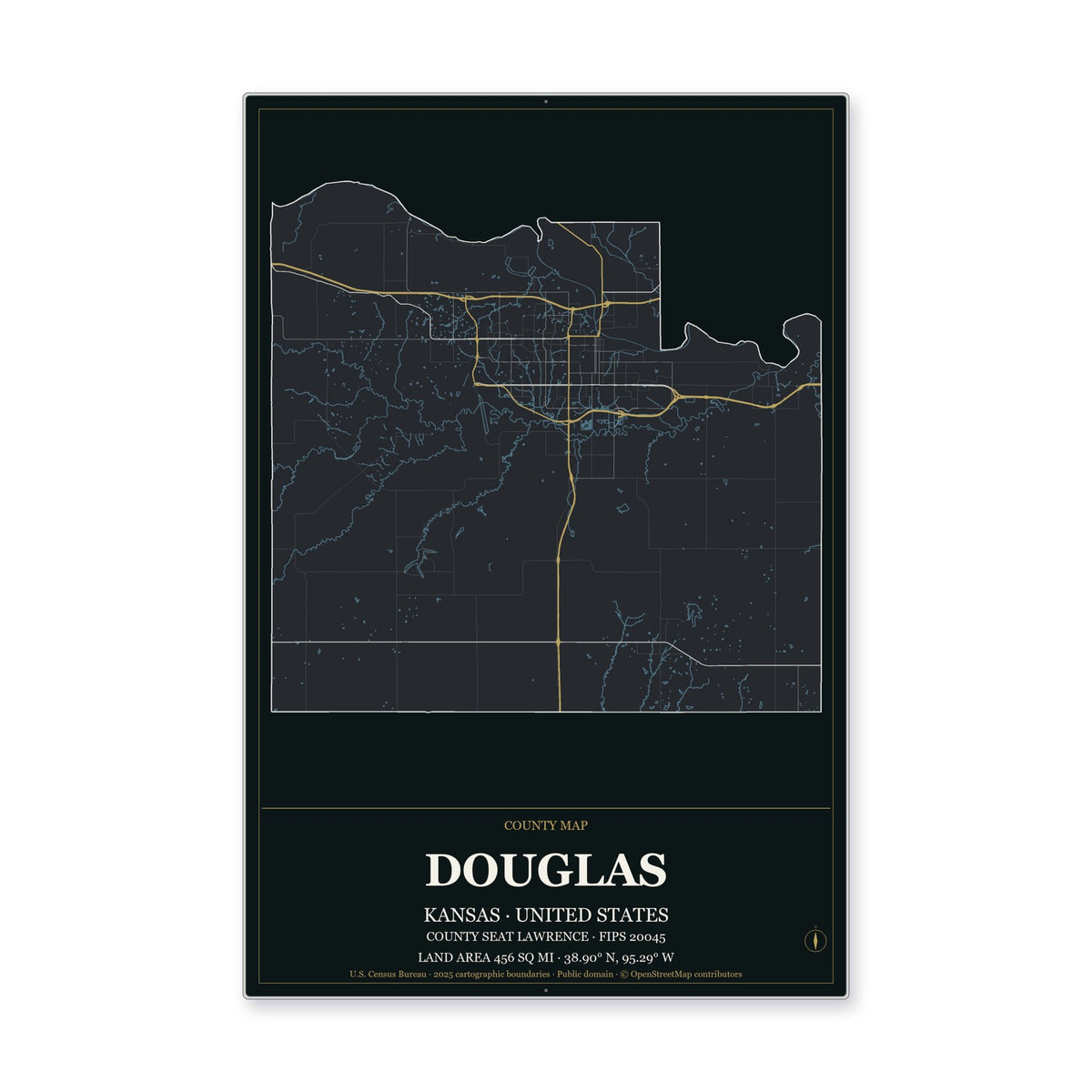 Douglas County, Kansas Map Aluminum Sign in Metropolitan Noir style