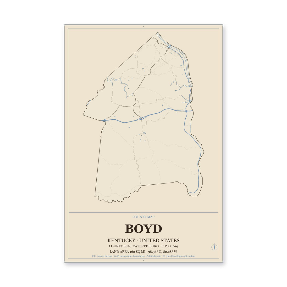 Boyd County, Kentucky Map Aluminum Sign in Heritage Nautical style