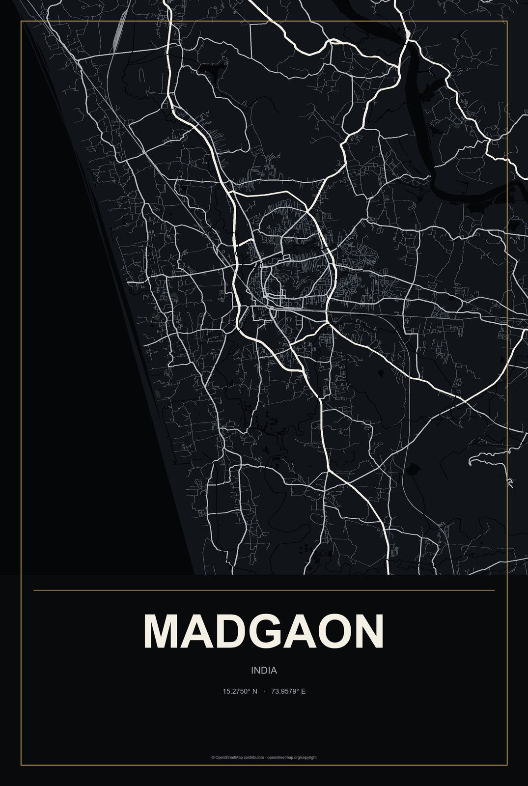 Madgaon, India City Map Aluminum Sign in Metropolitan Noir style