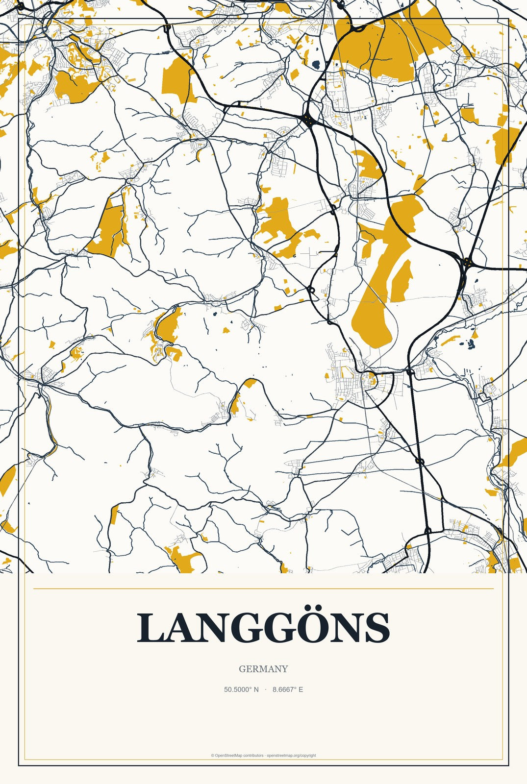Langgöns, Germany City Map Aluminum Sign in Citrine Modern style