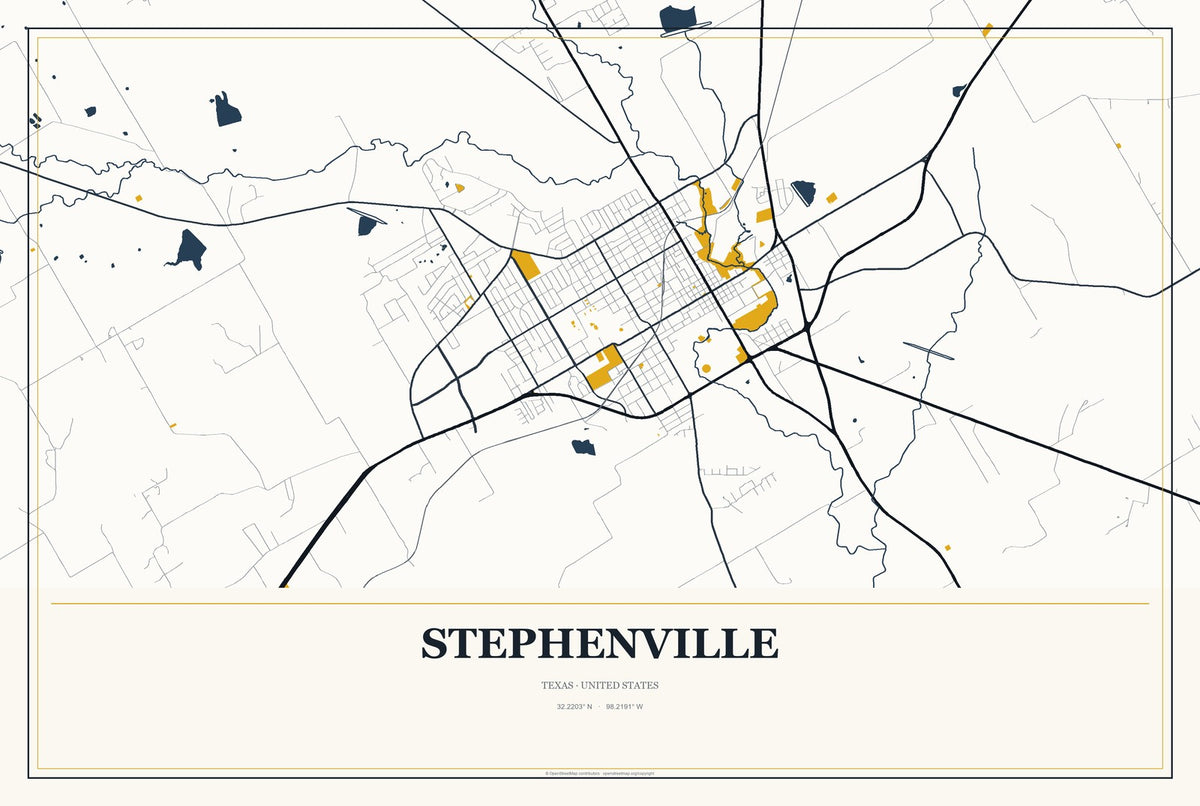 Stephenville, Texas City Map Aluminum Sign in Citrine Modern style