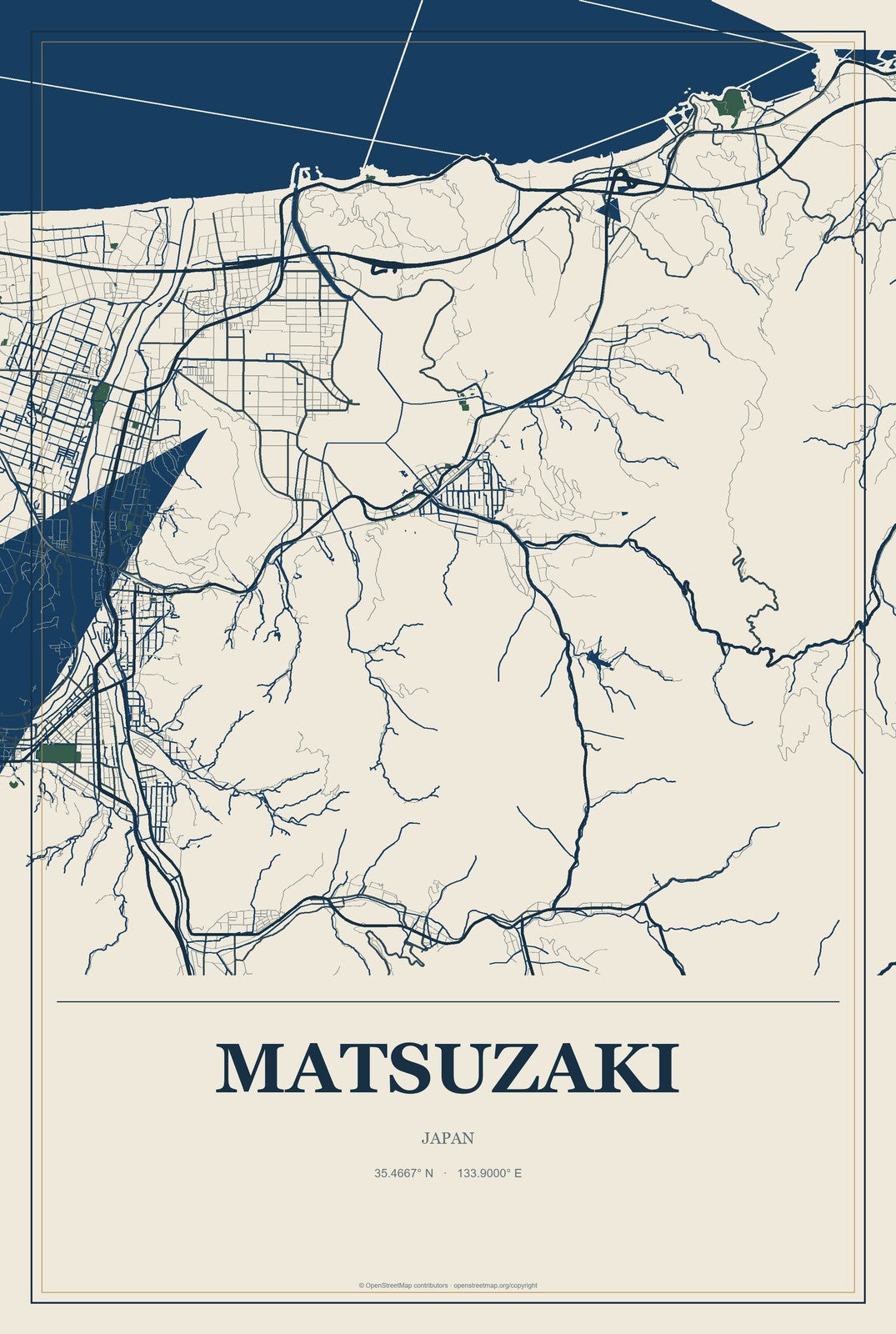 Matsuzaki, Japan City Map Aluminum Sign in Coastal Cutout style