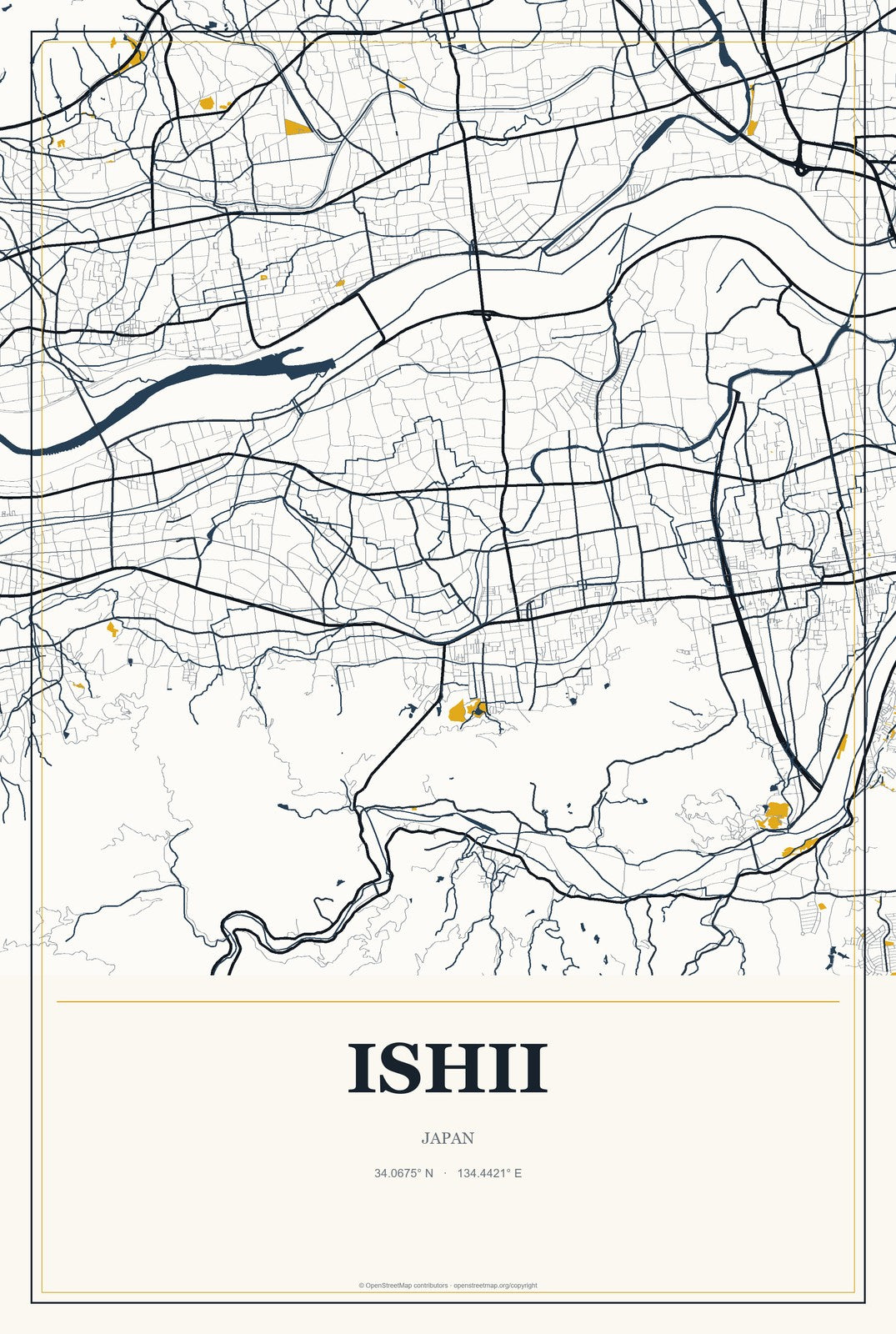 Ishii, Japan City Map Aluminum Sign in Citrine Modern style