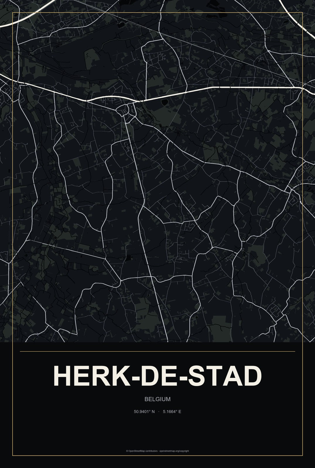 Herk-de-Stad, Belgium City Map Aluminum Sign in Metropolitan Noir style