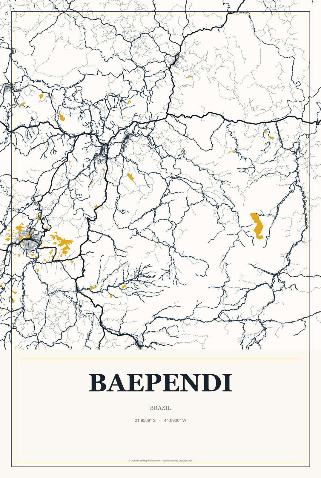 Baependi, Brazil City Map Aluminum Sign in Citrine Modern style